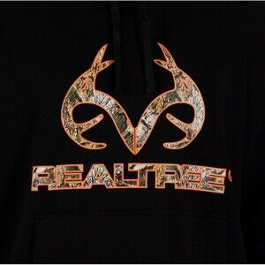 Realtree Men’s Black Pullover Hoodie Camo Logo Fleece 280GSM 60/40 Blend/Sixe L